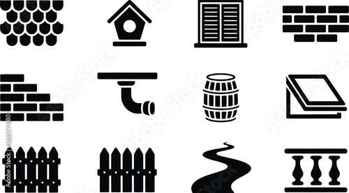A diverse collection of architectural building elements and home exterior features presented as solid black icons
