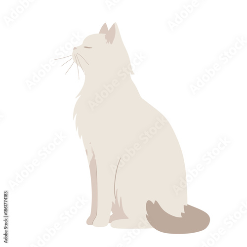Minimal flat vector illustration of a calm gray cat sitting in side view with soft neutral tones and generous copy space, ideal for modern branding, editorial design, and gentle lifestyle visuals.