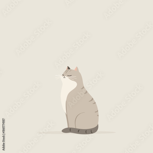 Minimal flat vector illustration of a calm gray cat sitting in side view with soft neutral tones and generous copy space, ideal for modern branding, editorial design, and gentle lifestyle visuals.