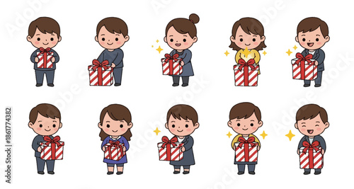 Cute Cartoon People Holding Gifts Vector Set (Business and Casual)