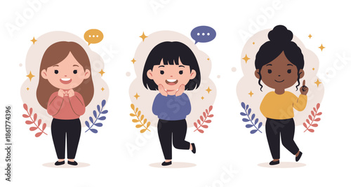 Cute Diverse Women Characters Set Showing Happiness, Excitement, and Ideas