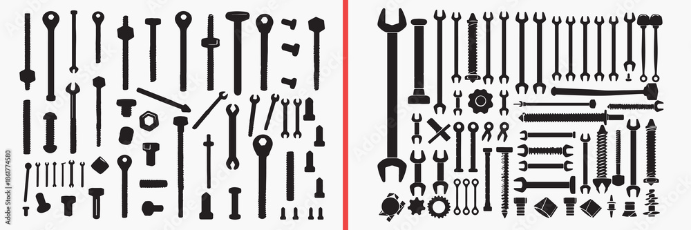 Obraz premium tool silhouette vector, mechanical tools black silhouettes, wrench screwdriver illustration set, industrial equipment silhouette art, workshop tools vector design, construction tool clipart collection