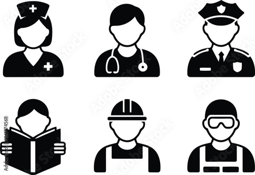A group of six black and white avatar icons representing various common professions and occupations