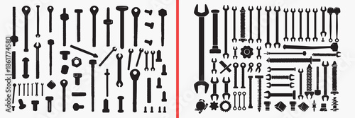 tool silhouette vector, mechanical tools black silhouettes, wrench screwdriver illustration set, industrial equipment silhouette art, workshop tools vector design, construction tool clipart collection