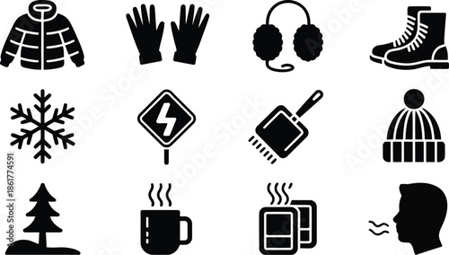 A set of black glyph icons illustrating various winter essentials and symbols for cold weather activities