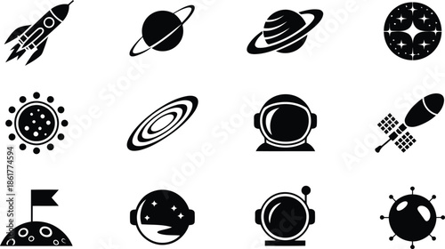 A set of black silhouette icons representing various elements of space exploration and astronomy