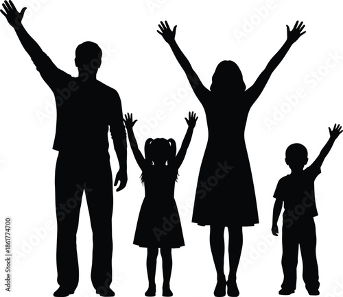 Black silhouette of a happy family with two children standing together with raised hands isolated on a clean white background
