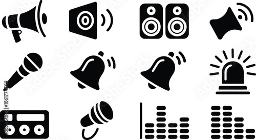 Collection of twelve black silhouette audio icons showing megaphones, speakers, microphones, and bells