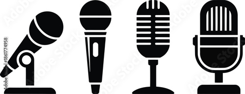 Four different black silhouette microphones featuring various designs for audio recording and broadcast