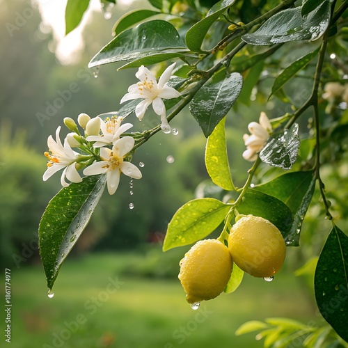 Jasmine and lemons with rain-washed leaves, crisp lighting, beautiful background
