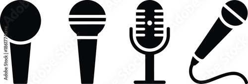 Four distinct black microphone glyphs showcased brightly on a pure white canvas