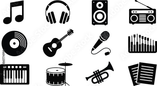 Minimalist black vector symbols representing diverse musical instruments and audio playback devices