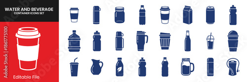 Water Beverage Container And Drinkware Bottle Icons