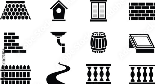 Simple graphic symbols illustrating common architectural features and outdoor landscaping elements for homes