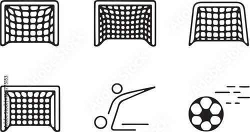 Soccer goal and football action line icon set with goalposts, player kick and moving ball symbols in black and white