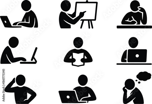 Visual collection of black human icons demonstrating various professional and educational activities