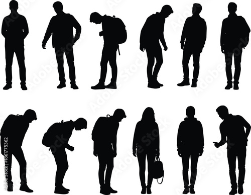 Art & IllustrationSilhouettes of diverse young people standing in various poses wearing backpacks and casual clothing isolated on white background for architectural visualization