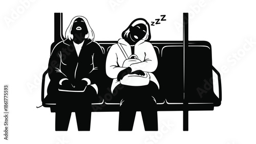 Two people resting while traveling on public transport, one asleep