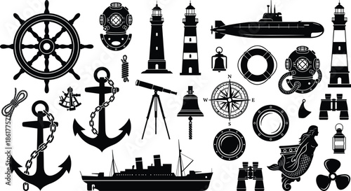 Nautical maritime silhouettes collection, ship anchors lighthouse submarine compass diving helmet marine navigation elements vector icon set