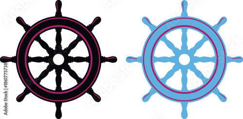 Nautical ship steering wheel icon, maritime helm symbol, vintage sailor navigation equipment, ocean travel logo, marine transport illustration