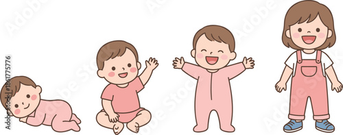 Baby growth stages illustration showing crawling sitting standing toddler development, cute child milestones sequence, cartoon kids vector design, isolated white background
