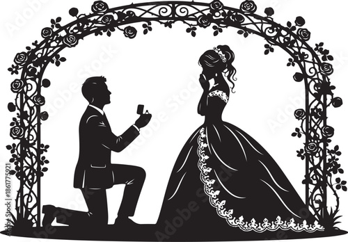 Man Proposing to Woman Under Rose Archway Silhouette Isolated on White