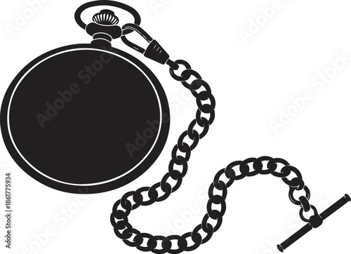 Pocket Watch Silhouette with Chain Isolated on White Background Vector Illustration