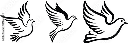Flying dove bird icons set, peace symbol silhouettes wings spread black white minimal vector illustration