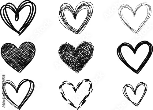 Hand drawn heart sketch icons set, rough doodle love symbols black white artistic vector illustration