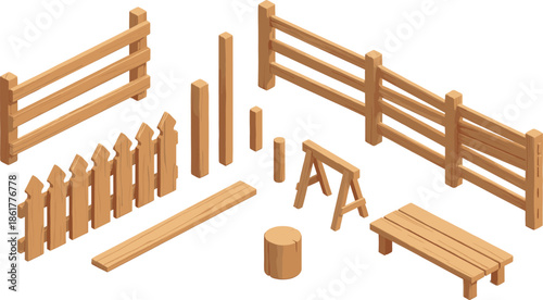 Isometric wooden fence and plank assets set, rustic farm construction elements benches posts illustration