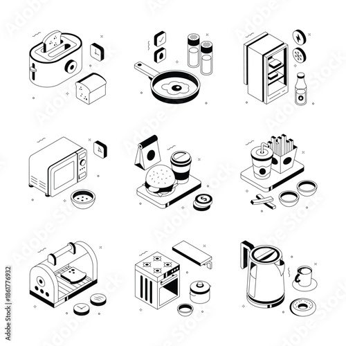A trendy isometric illustrations set of cooking and restaurant, editable vectors