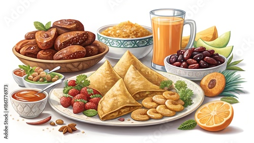 iftar food on white background with copy space