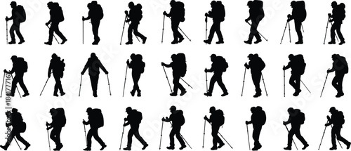 Hiking people silhouettes with backpacks and trekking poles, outdoor travelers walking collection, mountain adventure exploration, wilderness trekking illustration design set