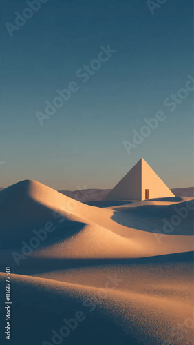 Vector illustration of a sunset in the Sahara desert landscape featuring ancient Giza pyramids, camels, and a tent under a bright sun and summer sky for Egyptian travel and tourism