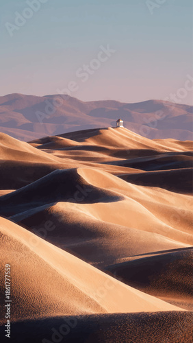 Golden sunset glows over the orange sand dunes of the arid Sahara desert landscape in Morocco, creating a majestic nature travel adventure across the heat of the dry summer hills