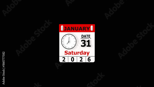 January 31, 2026 Calendar Icon with Clock. Saturday Date Illustration on Black Background.