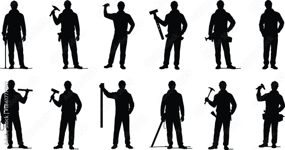 Fototapeta Construction workers with tools silhouette set, builder professions illustration