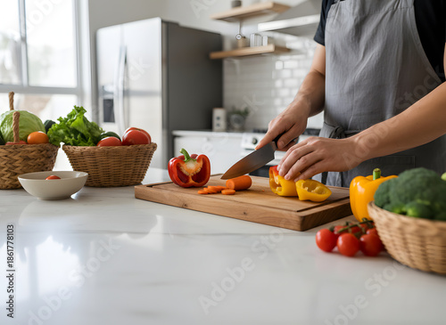 Preparing Fresh Vegetables in Modern Home Kitchen, Healthy Cooking Lifestyle With Cutting Board, Knife and Organic Ingredients