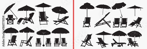 deck chair silhouette vector, beach furniture black silhouettes, sunbed illustration set, outdoor relaxation silhouette art, poolside chair vector design, summer furniture icon collection, vacation re