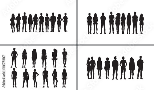 standing people silhouette vector, group of people black silhouettes, men women crowd illustration set, human figure collection, social group silhouette art, people outline vector design, community pe