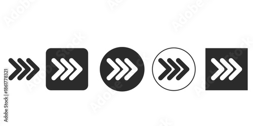 Multiple next arrow icon variations for UI design | Triple chevron fast forward vector symbol set | Black and white web navigation button icons | Proceeding sign graphic element