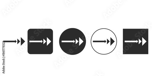 Vector icon set for next or forward navigation button | Five styles of modern right pointing double arrow UI elements | Black and white UIUX design assets for web and app interfaces 