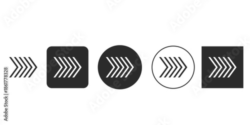 Set of five abstract forward arrow icons for UI design | Minimalist black and white chevron navigation symbols vector | Right direction pointer made of diagonal striped lines 
