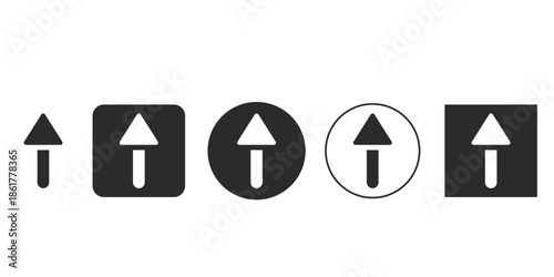 Black and white upward arrow icon set for UI design | Vector graphic of upload or move up symbol in multiple styles | Rounded square and circular button icons pointing top direction 