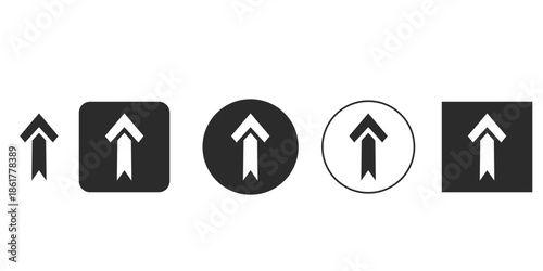 Upward pointing arrow icons set for navigation and direction | Black and white progress symbol vectors for UI/UX design | Set of five unique upload and forward icons on white background