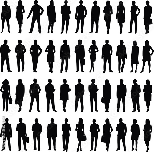 Business people silhouettes standing set, professional men women group, corporate workforce diversity poses, black vector illustration isolated on white background