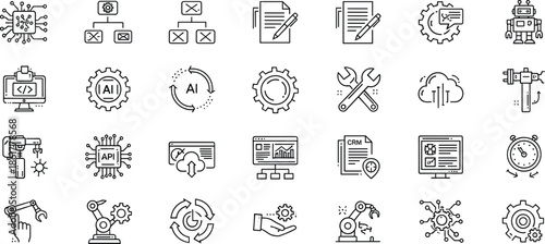 Artificial Intelligence and Automation Line Icons Set – Machine Learning, Robotics, Data Processing, Neural Networks, Cloud Computing, API Integration