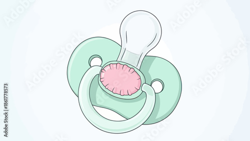 Hand drawn illustration of a soft mint green baby pacifier on a light background.