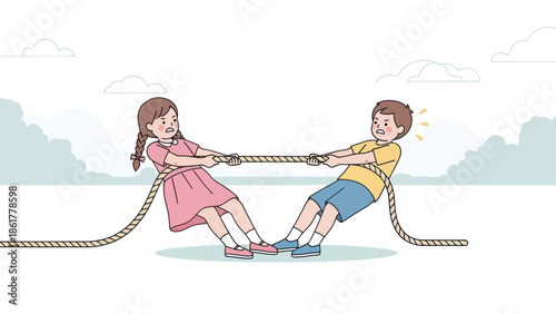 Two kids playing competitive tug of war game outdoors.
