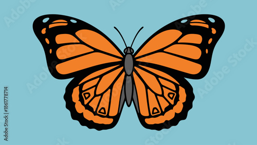 A vibrant orange Monarch butterfly vector illustration on a blue background.